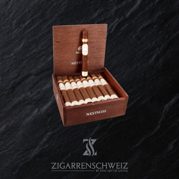 Plasencia Reserva Original Nesticos, geöffnete Zigarrenkiste mit Blick auf die Petit Corona Zigarren in coloradofarbenem Deckblatt