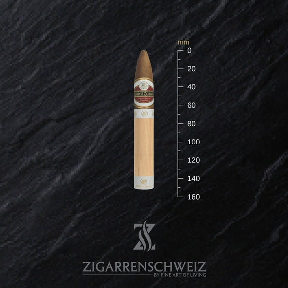 Flor de Copan Clasica Belicoso, einzelne Zigarre neben einem Lineal zur Grössenangabe, 152 mm Länge, Ring 54
