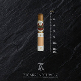 Flor de Copan Clasica Rothschild, einzelne Zigarre neben einem Lineal zur Grössenangabe, 127 mm Länge, Ring 50