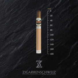 Flor de Copan Maduro Churchill, einzelne Zigarre mit San-Andrés-Maduro-Deckblatt neben einem Lineal zur Grössenangabe, 178 mm Länge