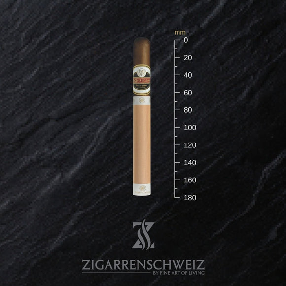 Flor de Copan Maduro Churchill, einzelne Zigarre mit San-Andrés-Maduro-Deckblatt neben einem Lineal zur Grössenangabe, 178 mm Länge